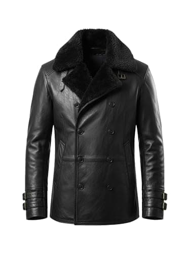 Image of WORNRICH Men's Black Leather Double-Breasted Coat with Sherpa Collar, Leon S. Kennedy Resi.dent Evil 9 Style