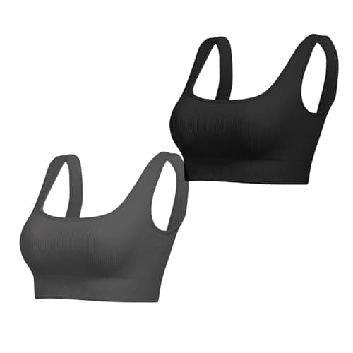 Image of Lemef Sports Bras for Women Square Neck Ribbed Bralette Seamless Medium Support Yoga Crop Tank Workout Tops No Padded Black Grey L