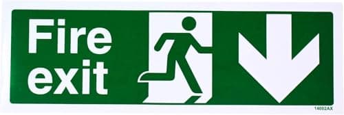 Image of V Safety Fire Exit Arrow Down Sign - Landscape - 300mm x 100mm - 2mm Rigid Plastic, 14002AX-R2
