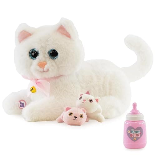 Image of The Magic Toy Shop Interactive Cat Toy with Kittens & Milk Bottle - White Plush Toy Cat, Singing & Talking Sounds, Voice Recorder, Empathy-Boosting Play - Interactive Pets for Kids & Family Fun