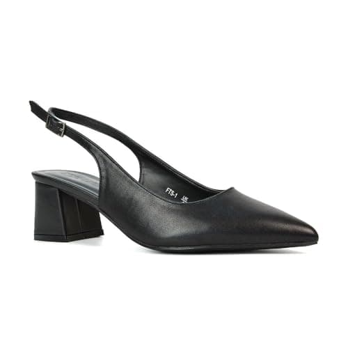 Image of Womens Court Shoes Ladies Block Low Heel Point Toe Slingback Evening Black Synthetic Leather Classic Pumps Shoes Size 5