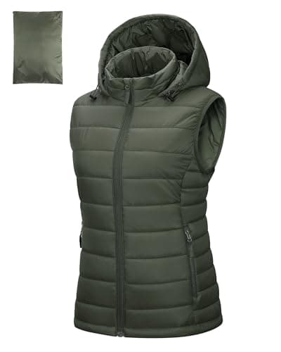 Image of Outdoor Ventures Womens Puffer Gilet with Hood Packable Quilted Vest Padded Outwear Vest Bodywarmer Ladies Windproof Sleeveless Jacket for Golf Hiking Cycling Army Green L