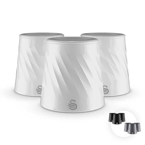 Image of Swan Windsor Set of 3 Canisters for Tea, Coffee and Sugar, Durable Iron Body Wipes Clean and Resists Scuffs, Viewing Lid, Each Canister is 1.3L, White, SWKA18538WHT