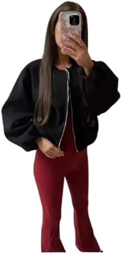 Image of Seemefashion Womens Zip Bomber Jacket Ladies Long Balloon Puff Sleeve Pocket Zipper Jumper Crop Top (UK, Numeric, 6, 14, Regular, Regular, Black)