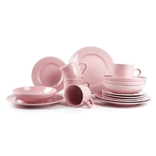 Image of 16 Pieces Stoneware Dinner Set for 4, Pink Ceramic Dinnerware Set with Plates, Bowls & Mugs, Chip & Scratch Resistant, Microwave & Dishwasher Safe