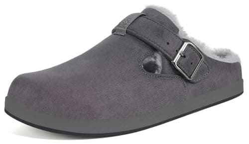 Image of Slippers for Women Men Lined Suede Clogs Winter Slip On Shoes Fur Garden Shoes Warm Mules, Dark Grey, 7.5 UK