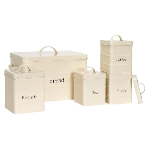 Image of Harbour Housewares Metal Kitchen Canister Set - Cream - 5pc Vintage Retro Food Storage Preservation Canister Caddy Container Bread Bin with Airtight Fit Lid for Kitchen Organisation & Home Décor