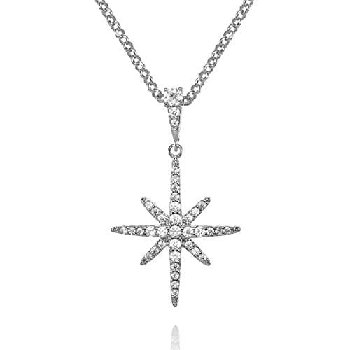 Image of namana North Star Pendant Necklace for Women with Cubic Zirconia, Stone Studded Silver Necklaces for Women. Lucky Star Necklace for Her, Silver Jewellery Gifts