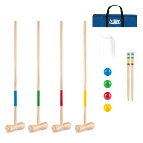 Image of Toyrific Grasshopper Games Wooden Croquet Set, 4 Wooden Mallets with 4 Wooden Balls, Complete Set for Kids and Adults, Outdoor Family Garden Game