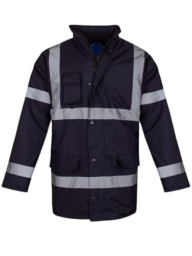 Image of shelikes Hi Vis Viz Jackets High Visibility Parka Workwear Security Safety Fluorescent Hooded Padded Waterproof Work Wear Jacket Coat Navy