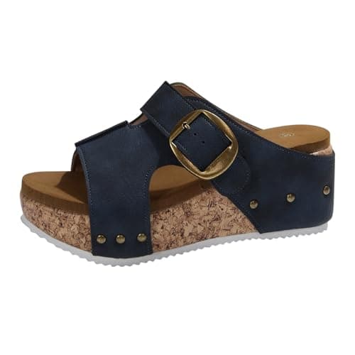 Image of Wedges Sandals for Women Wide Fit Sandal Walking Sandals for Women UK Large Size Thick Bottom Slope with Single Buckle Slippers Summer Beach Open Toe Sandal Navy
