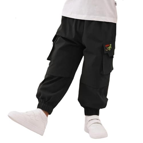 Image of Volunboy Toddler Boys Cargo Pants with Dino Embroidery - Quick-Dry Pull On Elastic Waist Joggers for Ages 2-6(Tag Size 120,4-5 Years,Black)