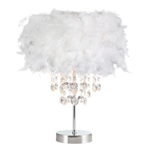 Image of Happy Homewares Modern and Chic Real White Feather Chandelier Style Table Lamp with Waterfall Clear Acrylic Drops | Chrome Metal Base and Stem