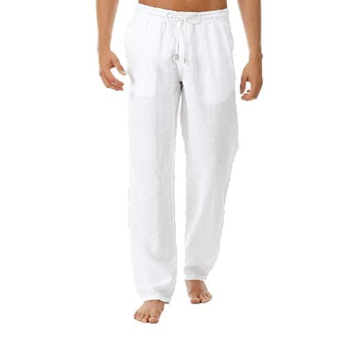 Image of Beokeuioe Long summer trousers, lightweight linen trousers, men's casual trousers, beach trousers, linen trousers, casual, loose fit, plain jogging bottoms, harem trousers, men's linen chino