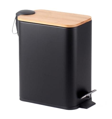 Image of HOMION PEDAL BIN BATHROOM 5L SLIM RECTANGULAR REMOVABLE BUCKET WASTE DUST SLIMLINE EASY TO CLEAN 5 LITRE TOILET STAINLESS STEEL (Black With Bamboo LID)