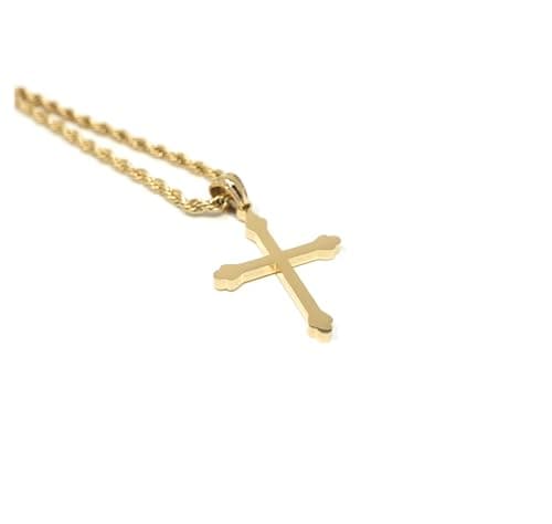 Image of Lifetime Bling 18K Small Gold Cross Necklace Pendant Charm with 3MM Rope Chain Gift for Men Women Husband Wife Baptism Religious w/real strong Solid Clasp Fashion Jewelry (18)