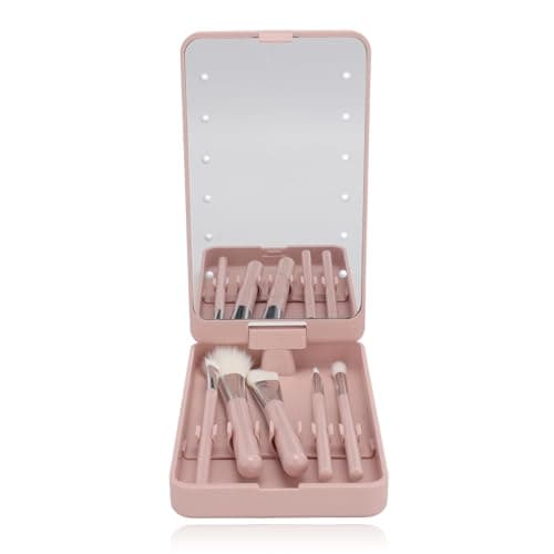Image of Travel Size Makeup Brushes Mini Set with Case, Light, Mirror, 5 Pcs Small Cosmetic Brushes, Brush Travel Essentials Kits for Women Girls, Foldable