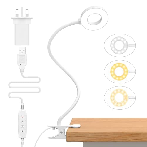 Image of iZELL LED Desk Lamp with USB Adapter【3 Color Modes 10 Brightness】 Eye Caring Clip on Clamp Light, 40cm Flexible Arm Book Ring Light for Gaming/Video Conference/Reading, Clip on Table, Headboard