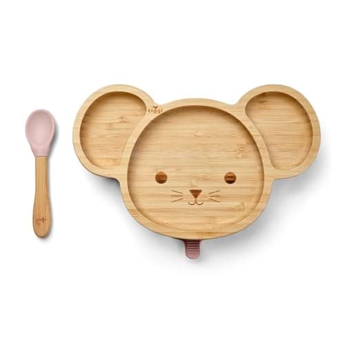 Image of Tiggi Bamboo Baby Plate - Complete Weaning Set, Strong Suction, BPA-Free, Bamboo Plates, Ideal Baby Plate for Easy Feeding and Clean-Up (Mouse, Dusky Pink)
