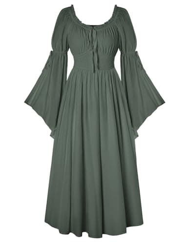 Image of SCARLET DARKNESS Women Renaissance Dress A-Line Maxi Long Slit Sleeves Smocked Waist Medieval Dresses Army Green L