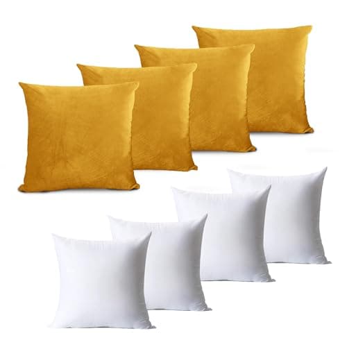 Image of Hafaa Velvet Cushions with Covers Included Set of 8 (4 Ochre Cushion Covers, 4 Cushion Inserts 45cm x 45cm) Luxury Decorative Fluffy Square Throw Pillow Case Sofa Cushion with Invisible Zipper