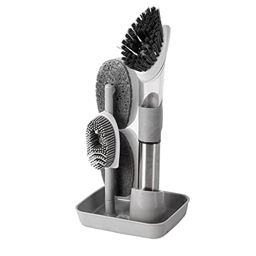 Image of SacJkt Washing Up Brushes and Sponge Set, Dish Brush with Soap Dispenser and Holder, Scrubbing Brush with Handle, Space Saving, 3 Brush Replacement Heads, Ideal for Dishes Sink Pot Pan (Grey)