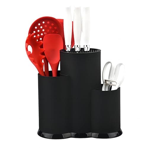 Image of Universal Round Knife Block Without Knives, 3 in 1 Round Kitchen Knife Storage Stand with 2 Utensil Scissors Slots, Kitchen Knife Holder with Detachable Base, Space Saving Knife Storage Block-Black