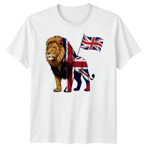 Image of Union Jack Lion T-Shirt Great Britain UK Flag Graphic Family Shirts Men Women & Kids Tee British Patriotic Apparel Unisex 4XL White