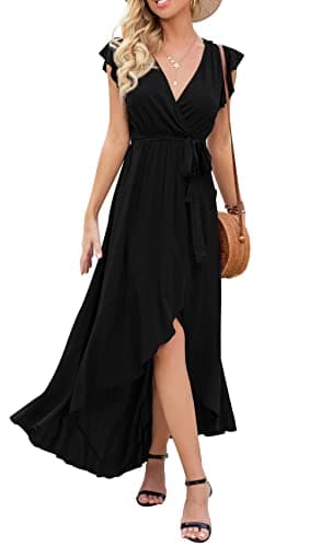 Image of GRECERELLE Womens Summer Maxi Dress Boho Floral Cocktail Wrap Dresses V Neck Casual Party Bohemian Flowy Long Dress for Ladies (Black, L)