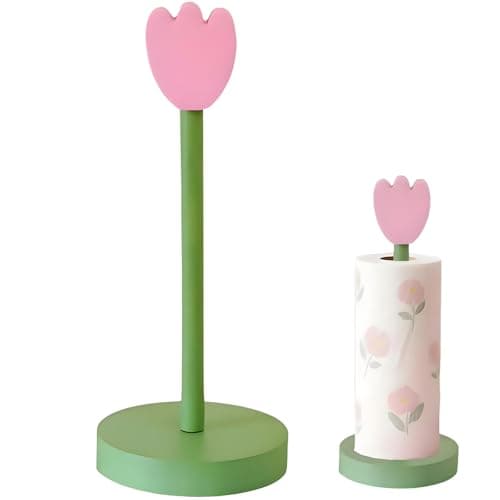 Image of Paper Towel Holder Countertop, Cute Decorative Wooden Standing Paper Towel Roll Holder for Kitchen Bathroom, Bars & Dining Tables (Pink Flowers)
