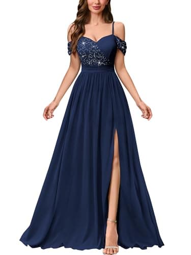 Image of MIUSOL Women's Vintage Slip Off-Shoulder Lace Sequin Wedding Guest Banquet Party Maxi Dress (X-Large, Navy Blue)