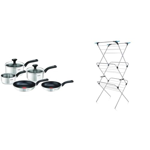 Image of Tefal Comfort Max, Pan Set, 14cm Milkpan, 16cm and 18cm Saucepans with Lids, 20cm and 24cm Frying Pans, Induction Compatible, Stainless Steel, G972S544 & Minky 3 Tier Plus Clothes Airer