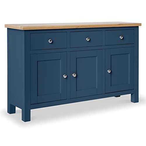 Image of RoselandFurniture Farro Navy Blue Sideboard for Living Room Large Storage Cabinet with Oak Top | Fully Assembled Painted 3 Door Solid Wooden Cupboard with 3 Drawers for Hallway or Dining Room