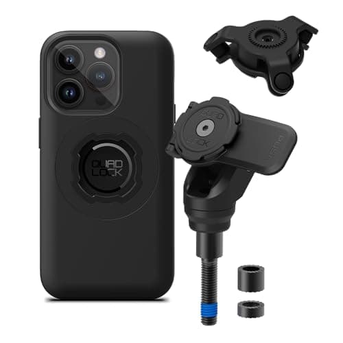Image of Quad Lock Motorcycle Handlebar Clamp Bolt Phone Mount PRO Kit with Vibration Dampener and iPhone 14 Pro MAG Case