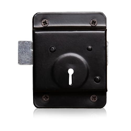 Image of XFORT® Traditional 4” x 3” Rim Press Lock, Surface Mounted Black Rim Presslock with Key Operated Deadbolt, Ideal for Wooden Doors and Gates to Secure Garden Sheds, Garages and Outbuildings.