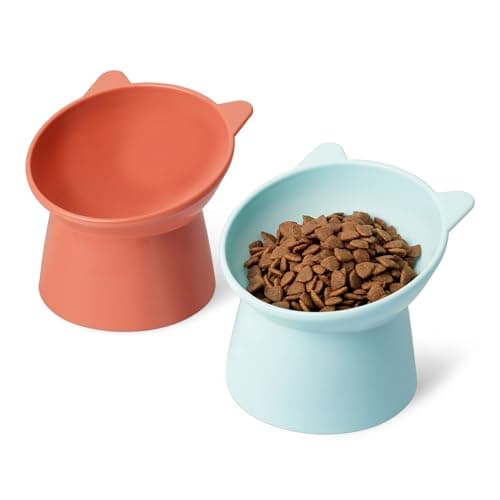 Image of Amazon Basics Raised Cat Feeding Bowls, Cat Ear Shape, 2-Pack, 13.2 × 13.2 × 11.4 cm, Orange and Blue