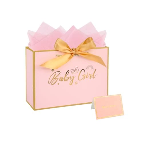 Image of Baby Girl Gift Bag with Tissue Paper and Card, 28 × 20 × 10 cm Baby Gift Bag for Baby Shower Newborn Gifts