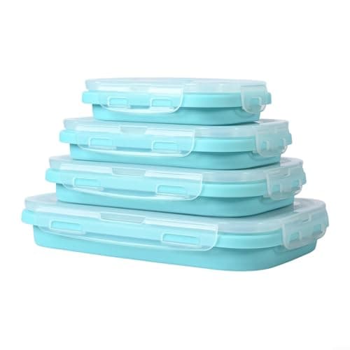 Image of Helilyco 4-Piece Foldable Silicone Food Containers, Leak-Proof Lunch Box Set with Click Closure, to Microwave Safe, Colour-Coded Kitchen Organisation(4pcs blue)