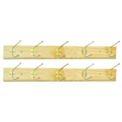 Image of WedDecor Wall Mounted Wooden Coat Hanger, Pack of 2 – Natural Pine Rail with 5 Double Metal Hooks, Sturdy Clothes Hanger Rack Ideal for Coats, Hats, Towels, Hallway or Bedroom Storage
