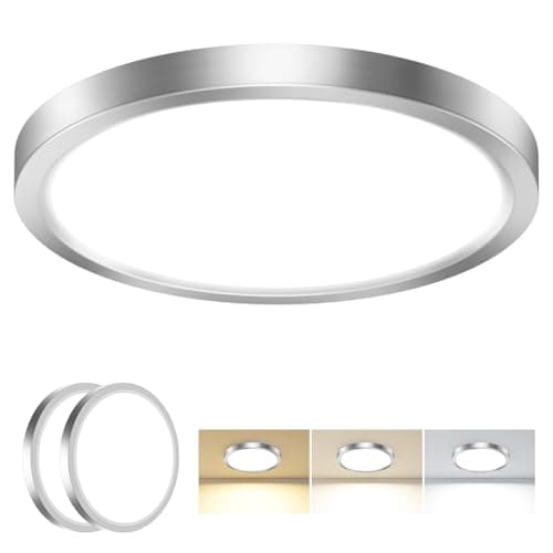 Image of slochi 2Pack Bathroom Light, 3000K/4000K/6500K 3 Color Temperature, Waterproof IP44, Small, Round, Modern, Flush Ceiling Light for Bathroom, Kitchen, Bedroom, HallwayØ30CM(Brushed Nickel)