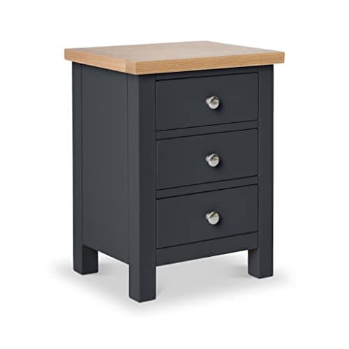 Image of RoselandFurniture Farro Charcoal Grey Bedside Table Quality 3 Drawer Bedside Cabinet with Oak Top | Fully Assembled Painted Solid Wooden Side End Nightstand for Bedroom, Bathroom, and Hallway