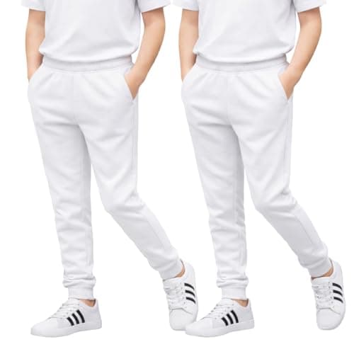 Image of Joggers for Boys & Girls – Jogging Bottoms with Elastic Waistband & Cuffed Ankle, PE & School Trousers for Kids – Comfortable & Breathable Unisex Tracksuit Sweatpants – White, 2 Pack (5-6 Yrs)