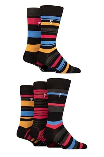 Image of Farah Mens Bamboo Socks Plain and Patterned Striped Argyle Spotty Designs, Bright Colourful, Gift for Him, 5 Pairs - Striped Black/Crimson/Charcoal 6-11