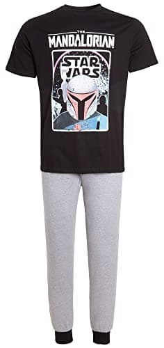 Image of Disney Mens Mandalorian Pyjamas For Men Teens Bob Fett Pjs Short Sleeved T-Shirt + Lounge pants Gift Set Size Small Black