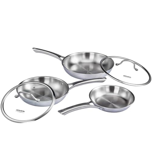 Image of Bonnlo 5Pcs Stainless Steel Frying Pan Set, Induction Hob Pot Set Non Toxic, Cookware Set with Lid, Riveted Handle, Free PFOA and PTFE, Dishwash Safe - 20cm 25cm 28cm