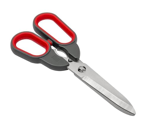 Image of Kuhn Rikon Self-Sharpening Universal Shears with Herb Stripper and Lid Opener. Stainless Steel Scissors for Left and Right-Handed Users. Great for Cutting Cardboard and Thick Plastic Packaging