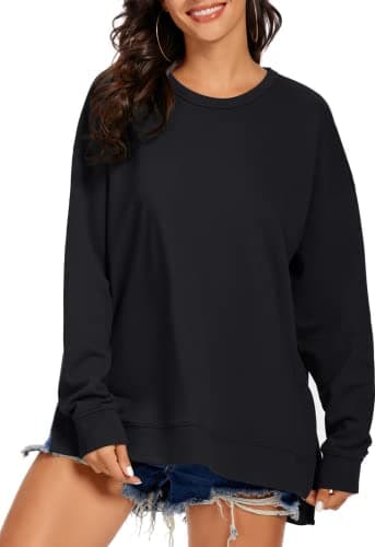 Image of APEIYU Women's Casual Crew Neck Sweatshirts Side Split Pullover Sweatshirts Loose Jumper High Low Batwing Long Sleeve Top For Ladies Black XXL