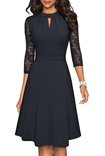 Image of HOMEYEE Women's Elegant Hollow Out Lace Sleeve Swing Pleated Party Cocktail Dress A234 (XL, Black)