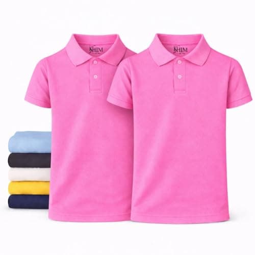 Image of KHIM Unisex Polo Short Sleeve Polycotton Boys Girls School Uniform Plain Half Sleeve Shirts Sports Wear Indoor Outdoor (UK, Age, 7 Years, 8 Years, Regular, Pink 2 Pack)