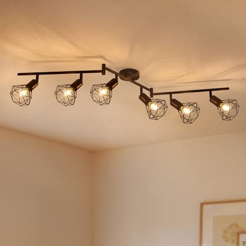 Image of Gr4tec 6 Way Spotlights Ceiling Lights, Adjustable Kitchen Light Ceiling E14, Vintage Cage Black Light Fittings, Metal Spot Lights Track Lighting for Living Room Bedroom Hallway, Bulb Not Included